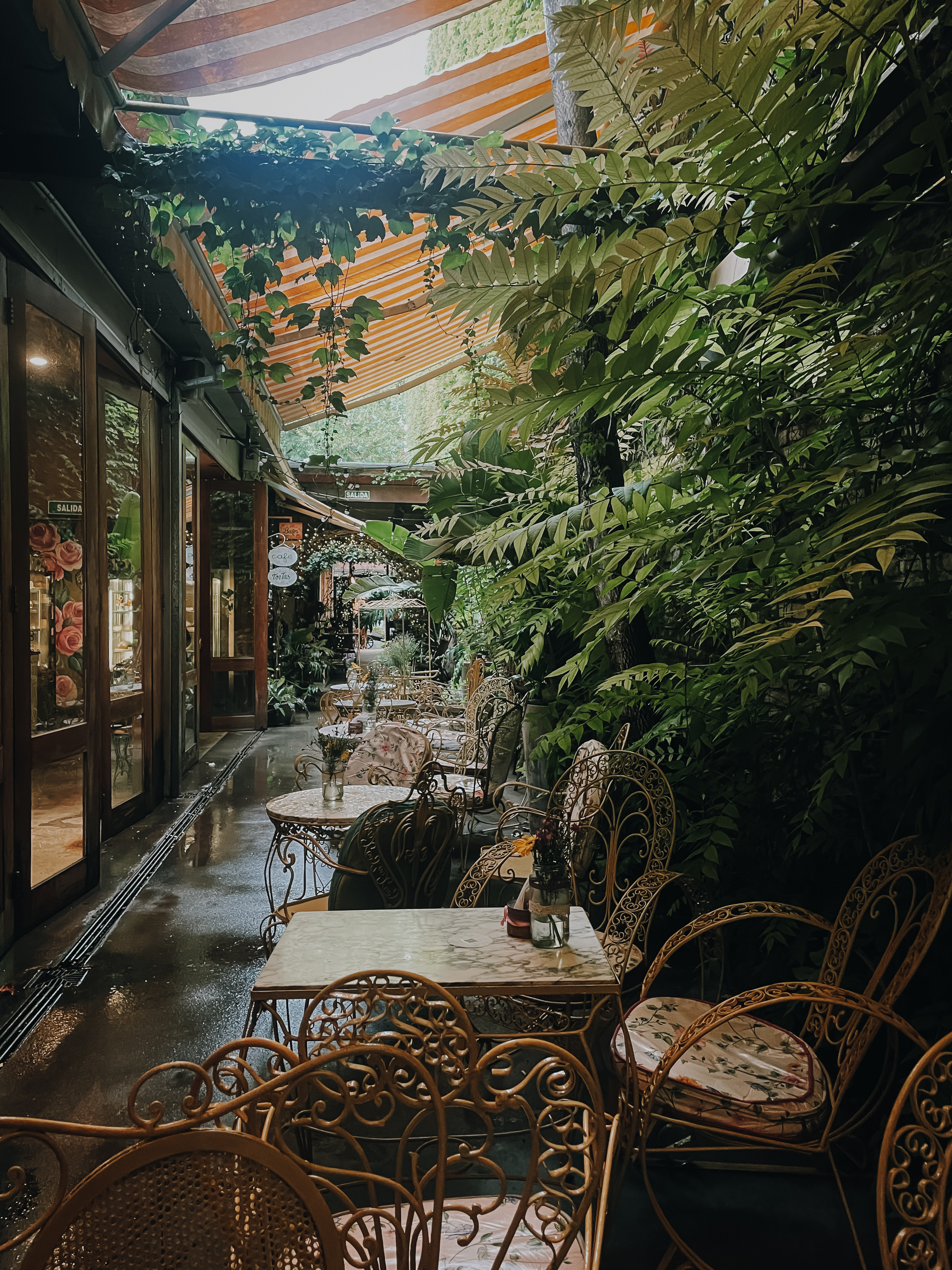 Outdoor cafe with tables and plants in Palermo, Buenos Aires