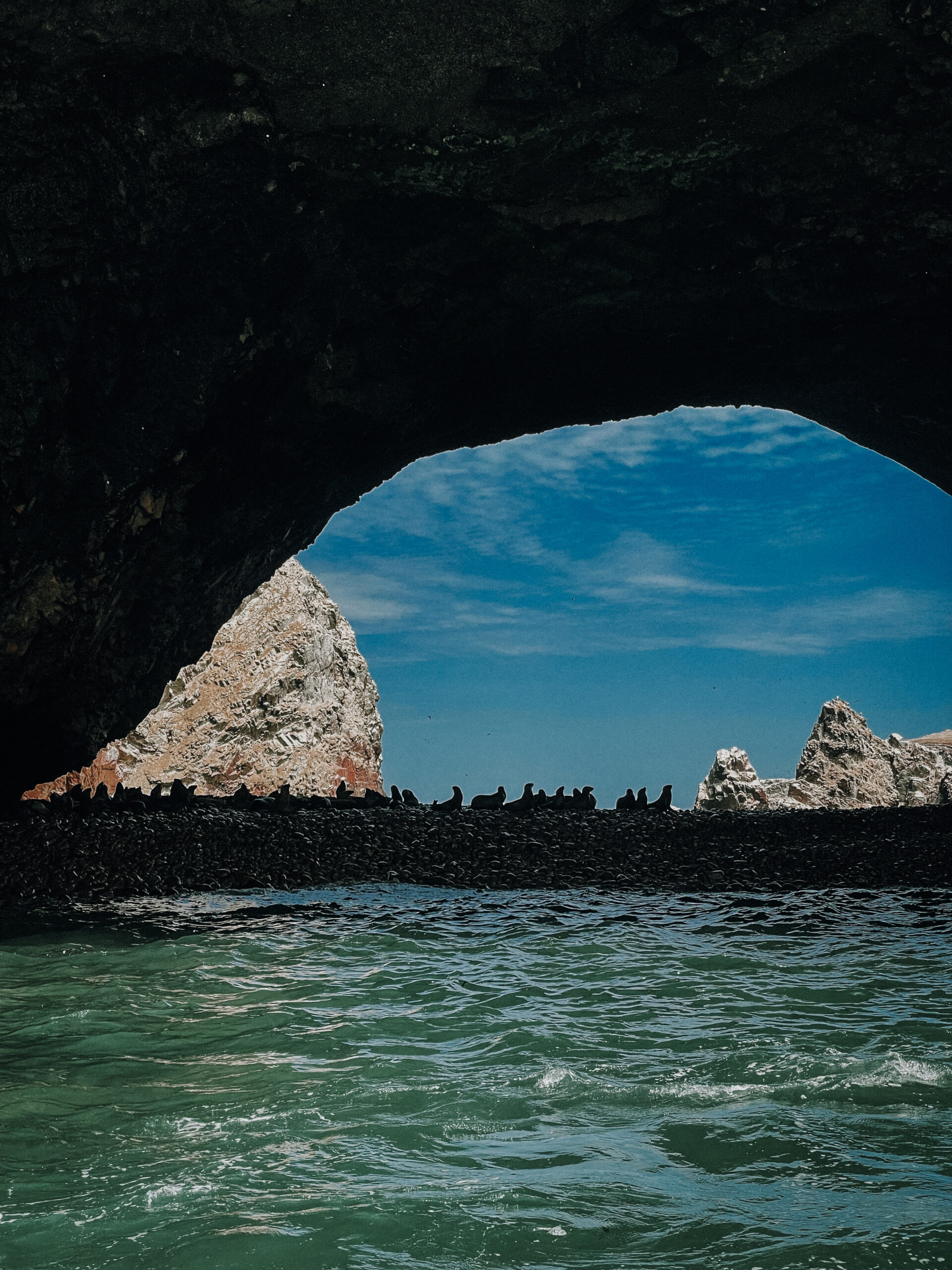 Sea lions sitting under rock arch during Ballestas Island Tour