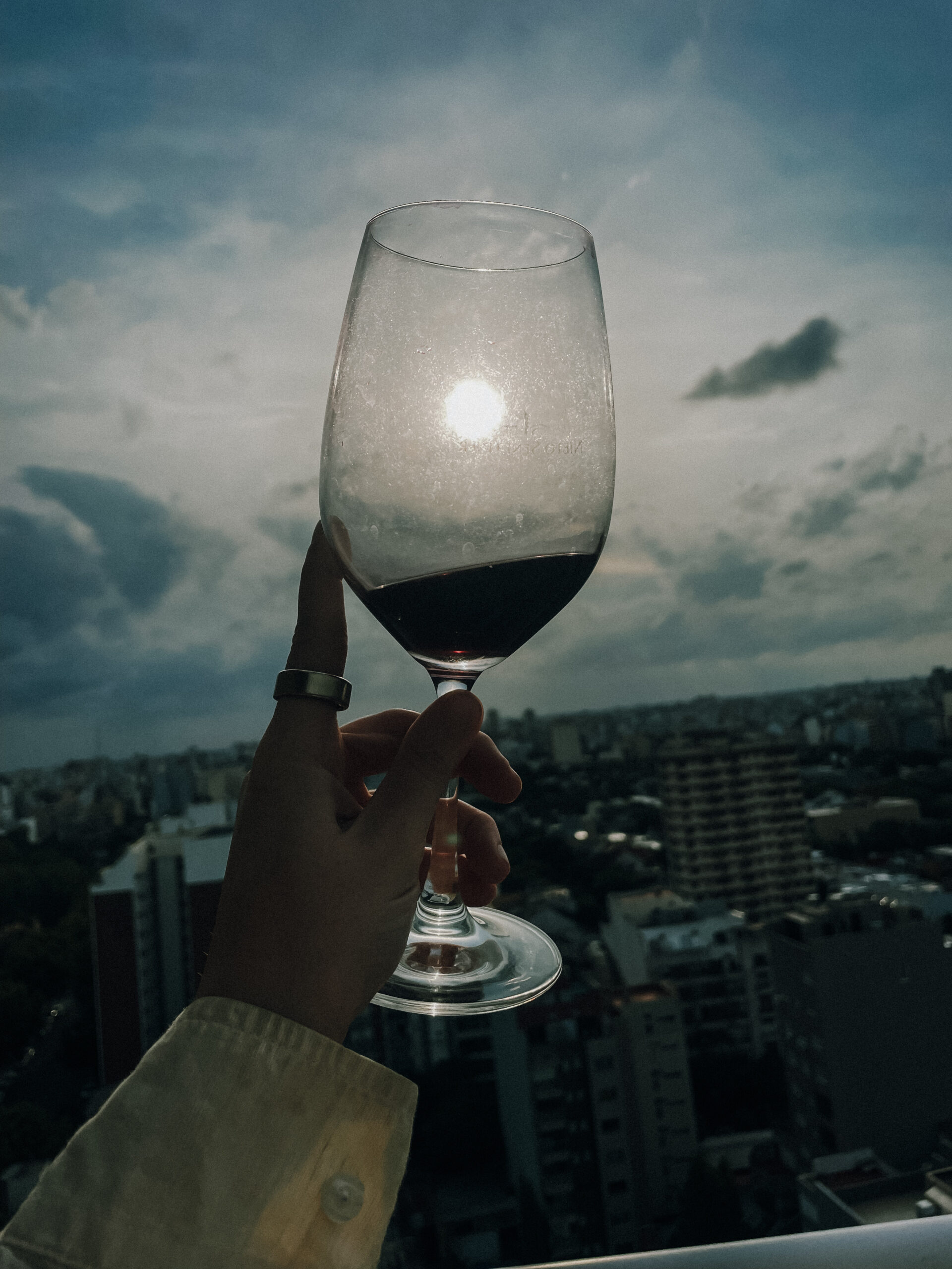 glass of wine being held up towards the sun