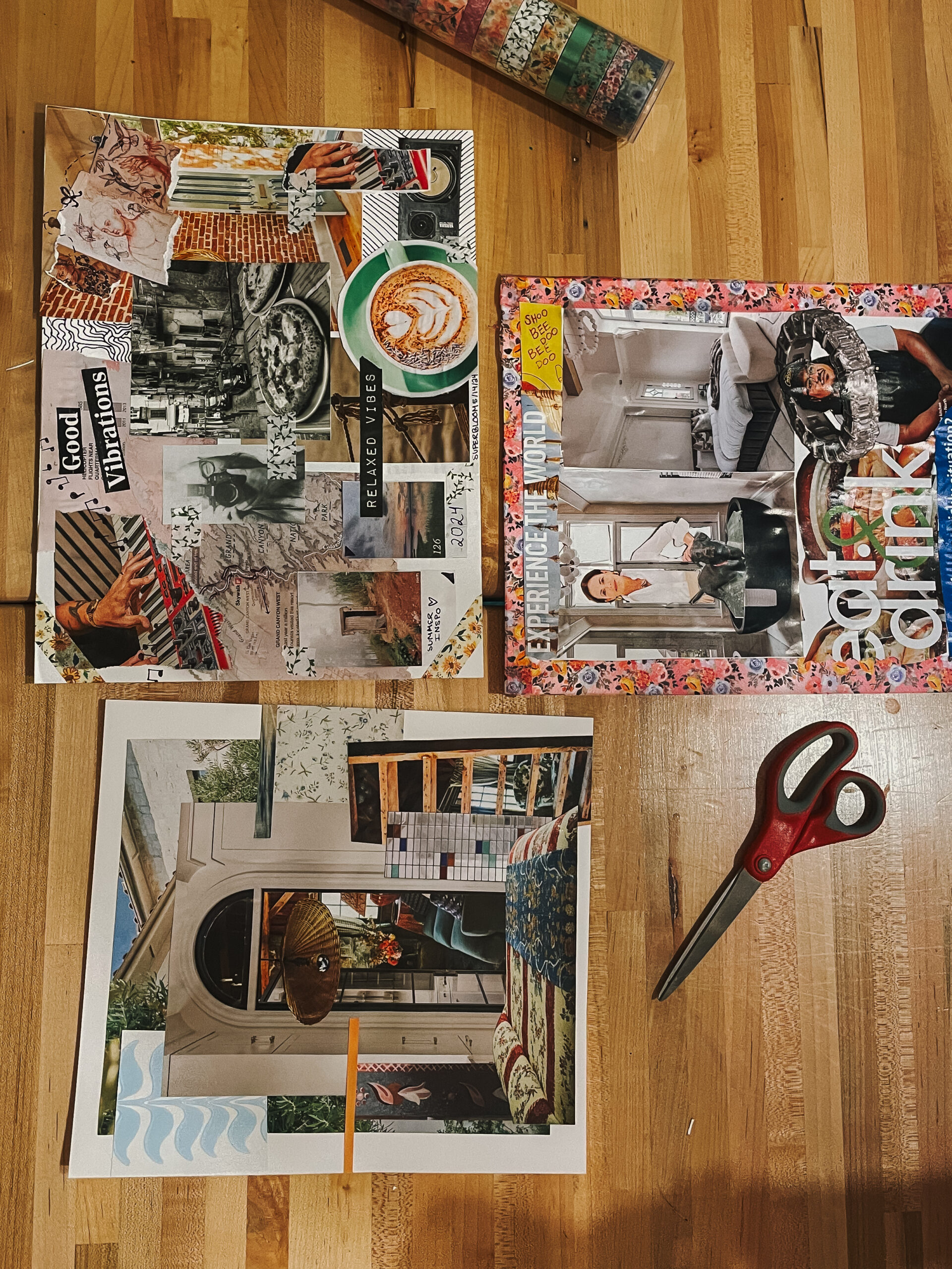 three collages with scissors on the right